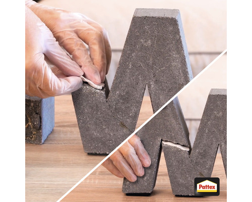 Verwendung von Klebstoff zum Reparieren eines Betonbuchstabens mit Pattex Logo