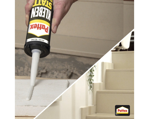 Application de la colle de montage Pattex au lieu du perçage sur un chantier et escalier avec le logo Pattex