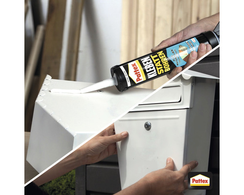 Image extérieure d''une personne fixant une boîte aux lettres avec de la colle de montage. Logo Pattex.