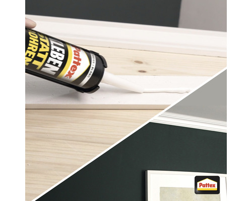 Application de colle de montage Pattex sur une latte en bois et logo Pattex