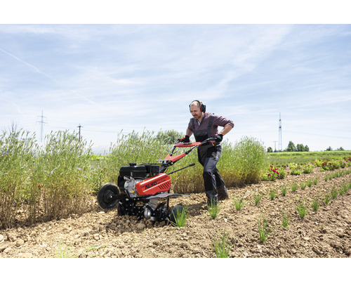 Un homme travaille avec une motobineuse dans un champ. Une motobineuse AL-KO est en service.