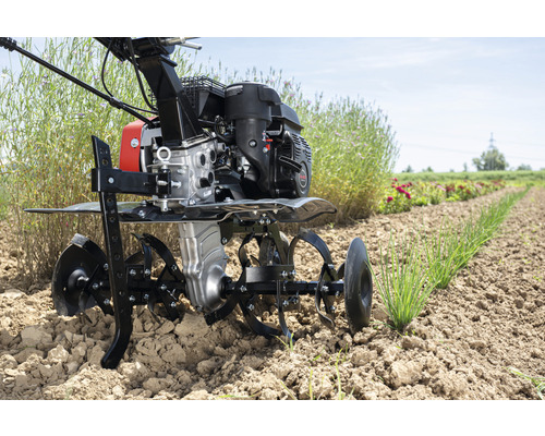 Motobineuse travaillant le sol dans un champ.