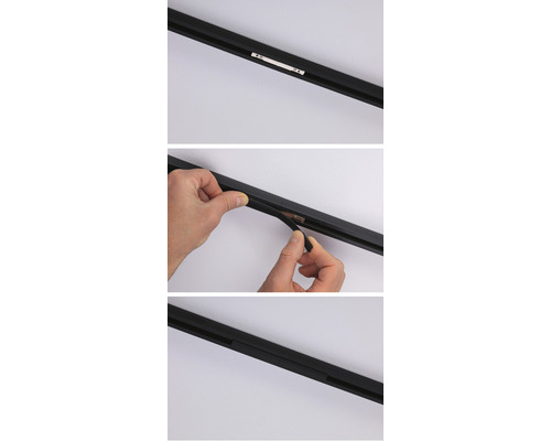 Drei Ansichten einer schwarzen Stromschienenschiene, davon eine, die das Einsetzen einer Abdeckung zeigt.