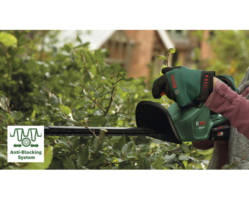 Une personne taille une haie avec un taille-haie. Le symbole du système antiblocage est visible.