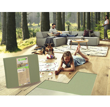 Wohnszene mit Trittschalldämmung unter Laminatboden, Familie und Hund