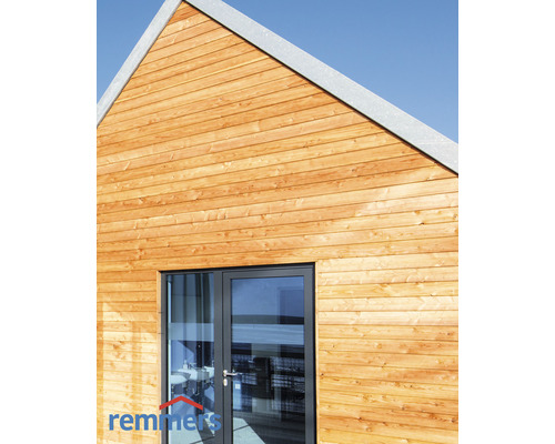 Façade en bois avec porte et logo Remmers