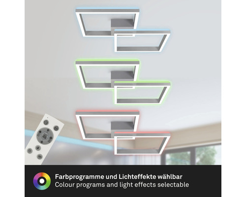 Plafonnier avec cadre rectangulaire et télécommande pour sélectionner les programmes de couleurs et les effets de lumière.