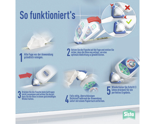 Anleitung zur Anwendung von Fugendichtmittel mit einer Reinigungsphase, dem Auftragen und dem Entfernen von überschüssigem Material. Sista Logo.