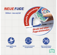 Neue Fuge Silikon: Silikon zum direkten Auftragen auf alte Fugen, mit selbsglättender Düse, schimmelresistent und ohne zusätzliches Werkzeug anzuwenden.