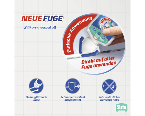 Neue Fuge Silikon: Silikon zum direkten Auftragen auf alte Fugen, mit selbsglättender Düse, schimmelresistent und ohne zusätzliches Werkzeug anzuwenden.