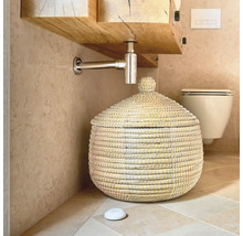 Scène de salle de bains avec meuble sous-lavabo, siphon et panier avec couvercle.