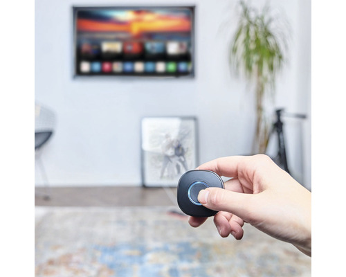 Une main tient une commande domotique devant un téléviseur