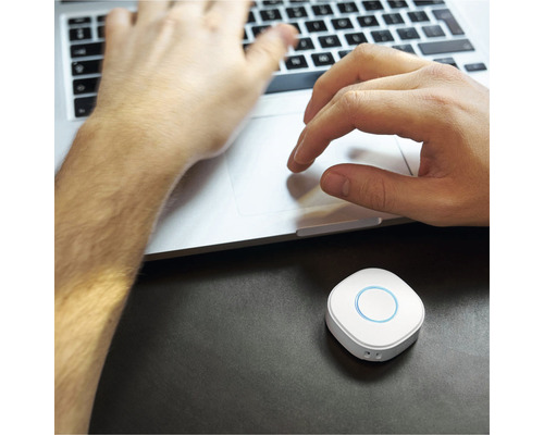 Personne travaillant sur un ordinateur portable avec un appareil Smart Home sur la table