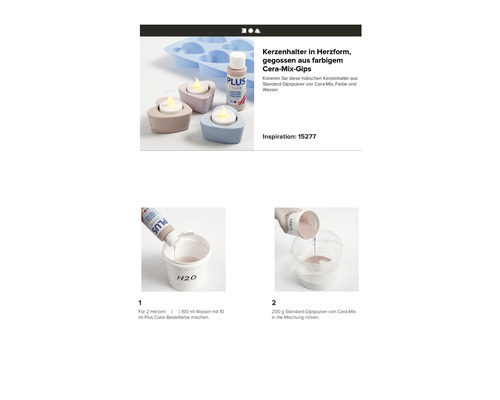 Kerzenhalter in Herzform aus farbigem Cera-Mix-Gips und Anleitung zur Herstellung.