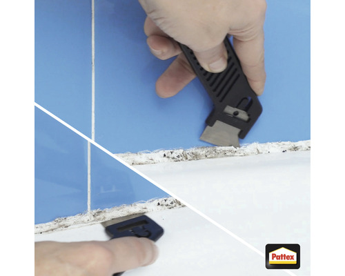 Application d''un grattoir à joints pour éliminer la moisissure des joints de carrelage, Logo Pattex