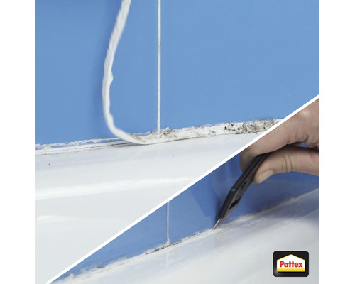 Application de dissolvant de mastic à joints sur une baignoire carrelée avec le logo Pattex