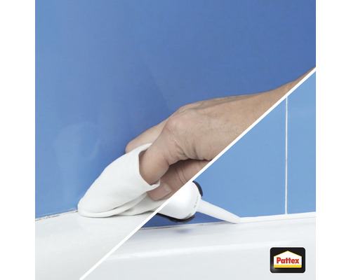 Application de produit d''étanchéité dans la salle de bain avec le logo Pattex