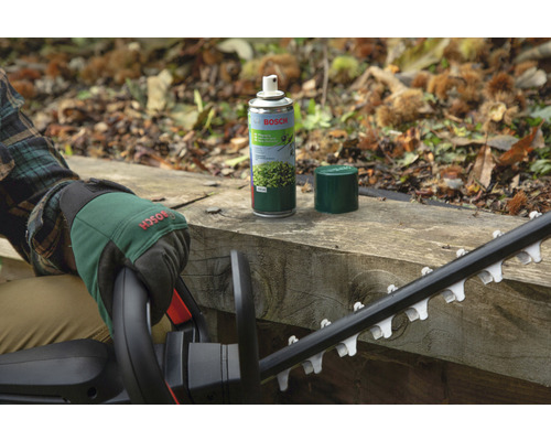 Logo Bosch. Personne portant des gants de jardin et un taille-haie à côté d''un aérosol pour l''entretien des taille-haies sur une surface en bois.
