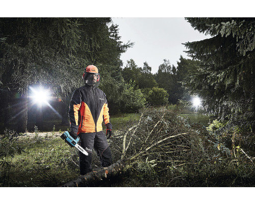 Homme avec équipement de sécurité et tronçonneuse à batterie dans la forêt