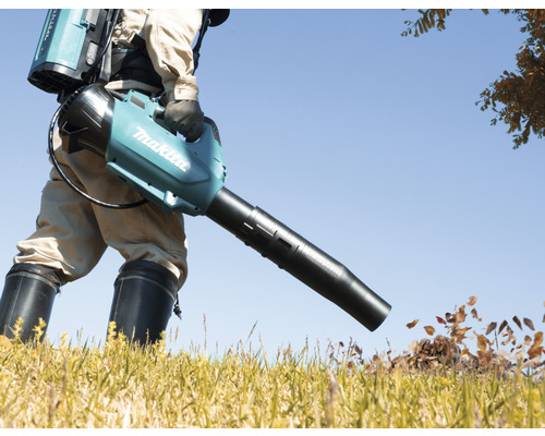 Une personne utilise un souffleur de feuilles sans fil Makita à l''extérieur pour enlever les feuilles.
