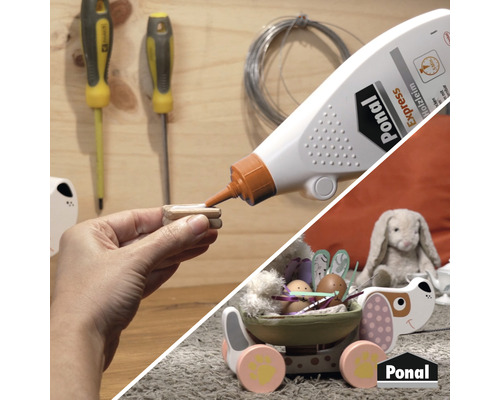 Anwendung von Ponale Express Holzleim beim Basteln eines Holzspielzeugs.