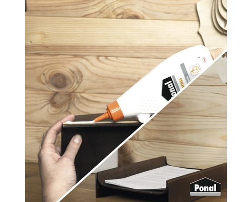 Auftragen von Holzleim mit einer Holzleimflasche, Ponal Logo