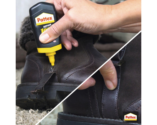 Application de la colle Pattex Repair 100 % sur une botte en cuir endommagée