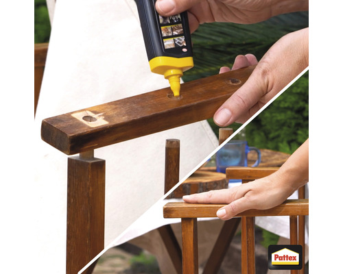 Réparation du bois avec du mastic de réparation du bois sur une chaise en bois, Logo Pattex