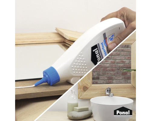 Anwendung von Ponalleim beim Spiegelrahmenbau und Waschbecken im Badezimmer