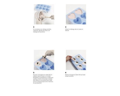 Instructions pour la fabrication de moules à béton en forme de cœur avec des moules en silicone et des inserts métalliques