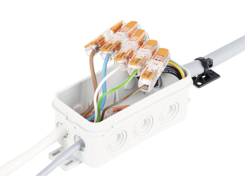 Aufputzverteilerdose mit montierten Verbindungsklemmen und Kabeln