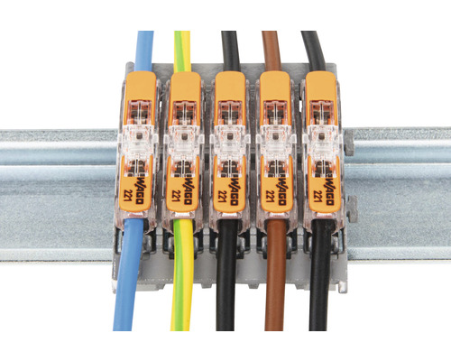 WAGO Logo-Klemmen mit verschiedenen Kabeln auf Hutschiene