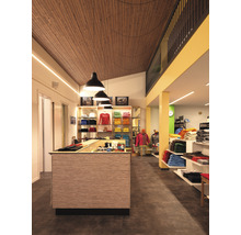Intérieur d''un magasin de vêtements avec caisse, étagères et éclairage.