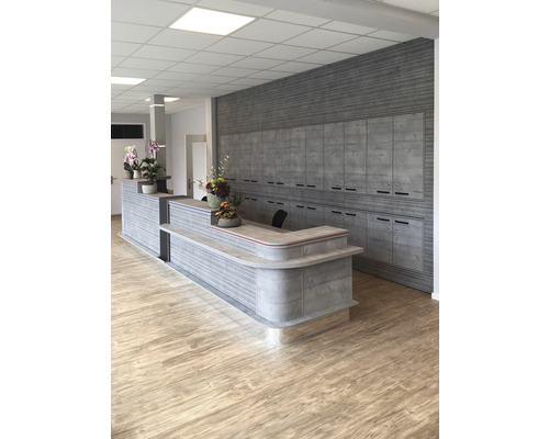 Espace de réception avec comptoir d''accueil et boîtes aux lettres dans un immeuble de bureaux.