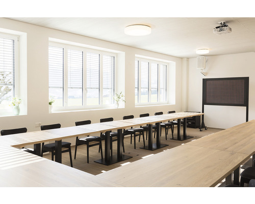 Salle de conférence lumineuse avec disposition de table en U, chaises, fenêtres et équipement de présentation.