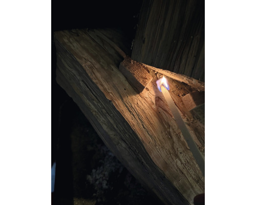 Ein Feuerzeug entzündet Holz.