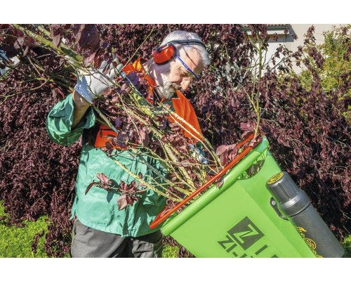 Une personne remplit un broyeur de branches et de brindilles dans le jardin.