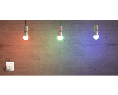 Trois ampoules de différentes couleurs sont suspendues devant un mur