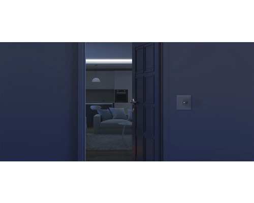 Vue à travers une porte ouverte sur un salon aménagé moderne avec canapé et coin cuisine.