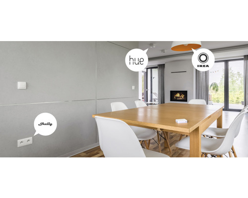 Salle à manger lumineuse avec table, chaises, éclairage, prise de courant, interrupteur et les logos de Shelly, Hue et Ikea.