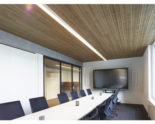 Besprechungsraum mit Deckenverkleidung aus Holz, Konferenztisch und Bildschirm