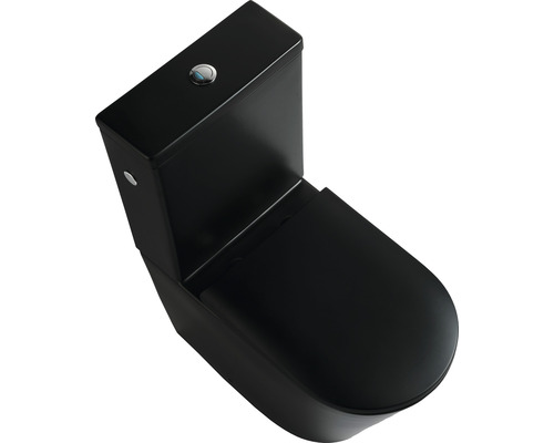 Schwarze Standtoilette mit Spülkasten