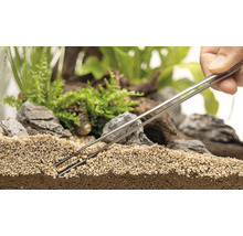 Dekoratives Terrarium mit Pflanzen, Steinen und Kies, das mit einer Pinzette bearbeitet wird.