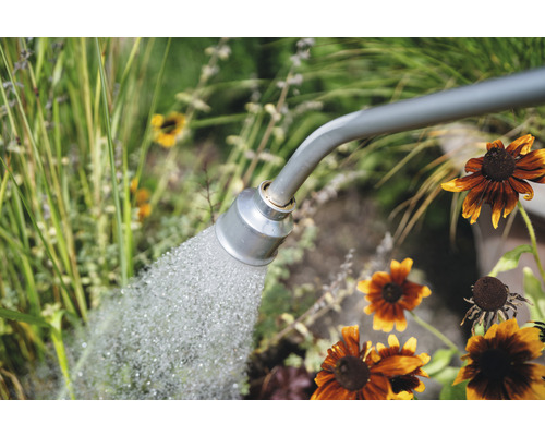 Gießkanne bewässert Pflanzen im Garten.