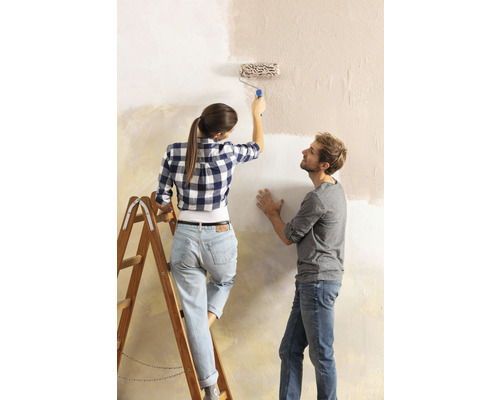 Un homme et une femme peignent un mur avec un rouleau de peinture depuis une échelle.