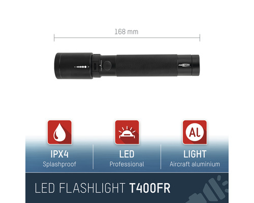 Lampe de poche LED, 168 millimètres de long, résistante aux éclaboussures