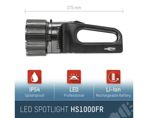 Projecteur LED Ansmann HS1000FR avec protection anti-éclaboussures IP54 et batterie lithium-ion
