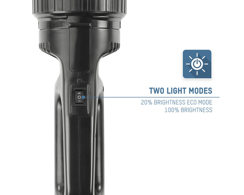 Vue détaillée d''une lampe de poche noire avec deux modes d''éclairage
