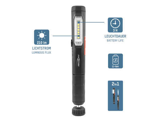 Akkuladung Symbol, 210 Lumen Lichtstrom, drei Stunden Leuchtdauer, Andmann Logo