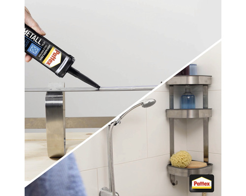 Application de la colle de montage Pattex métal dans la salle de bains et la zone de montage